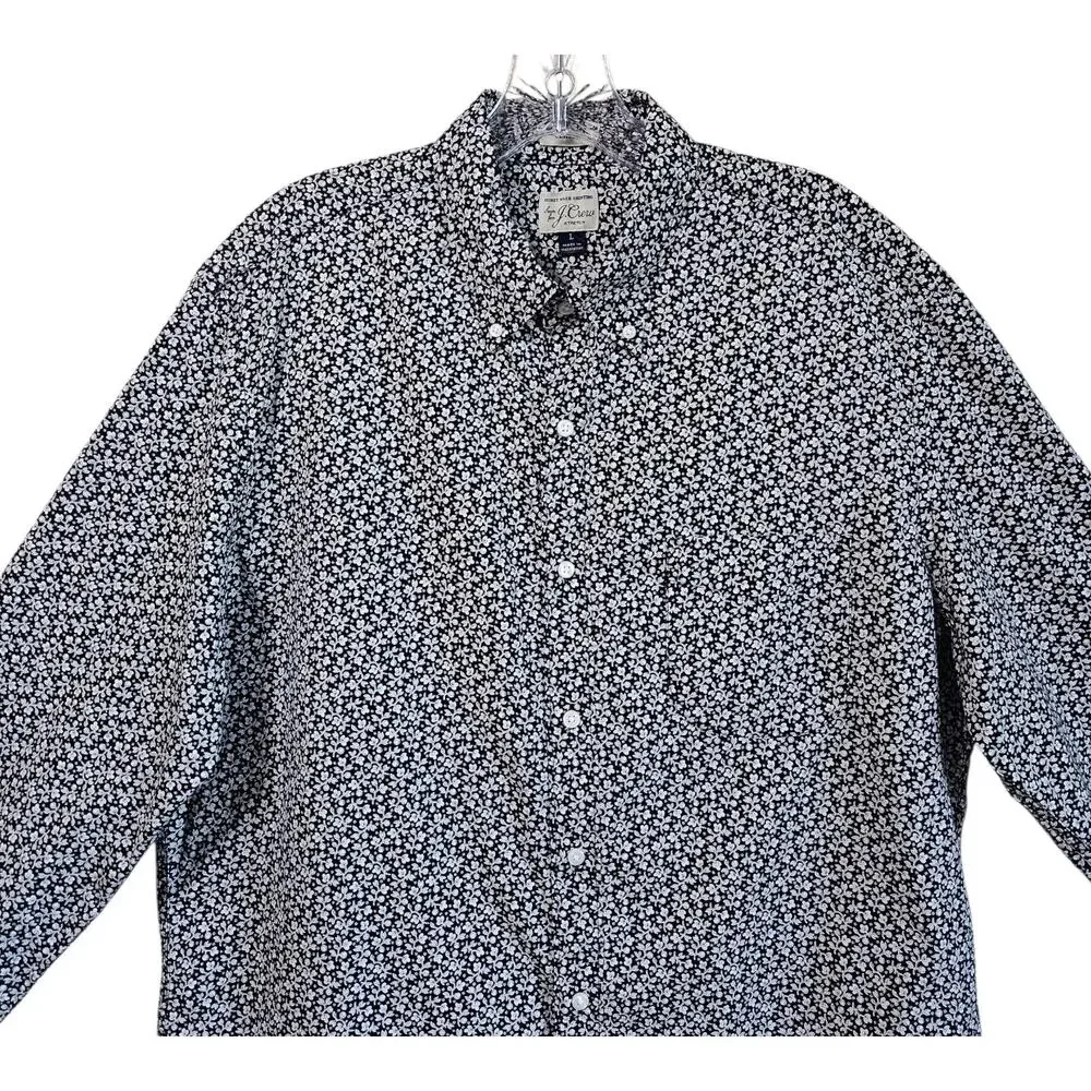 J CREW Men L Shirt Buttondown Classic Fit Floral Black White Long Slv Preppy 46